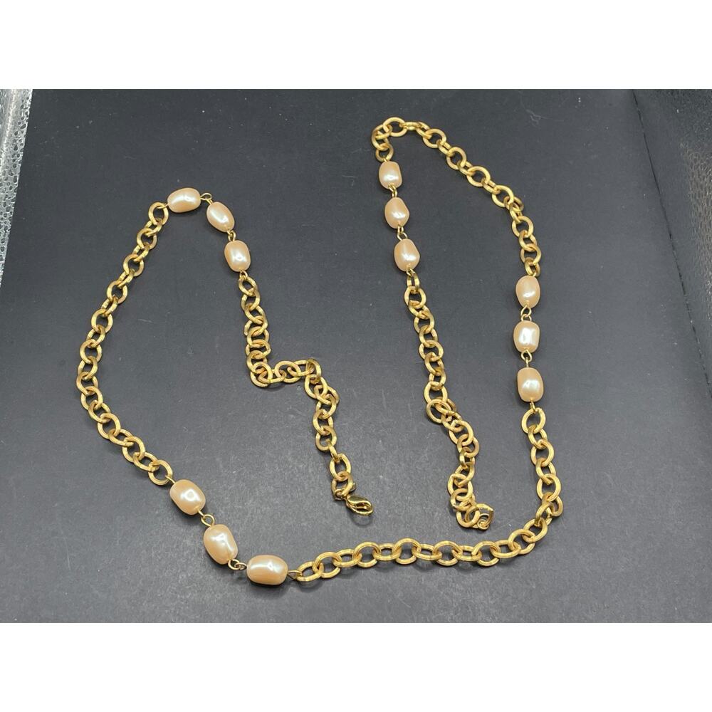 Vintage Monet Signed Gold Tone Faux Pearl Long Runway Statement Necklace